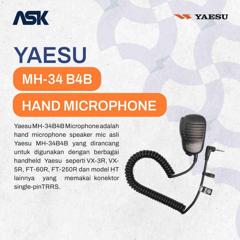 HAND MICROPHONE YAESU MH-34 B4B FOR VX-3R VX-5R FT-60R FT-250R / MH34